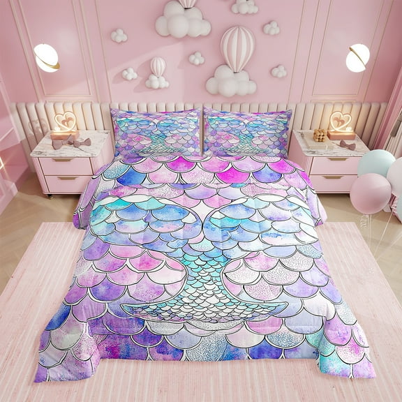 Mermaid Comforter Set,Mermaid Bedding Sets,Rainbow Scales Mermaid Bedding Comforter Sets Ocean Animal Pastel Quilted Duvet Kawaii Room Decor,Pink Purple