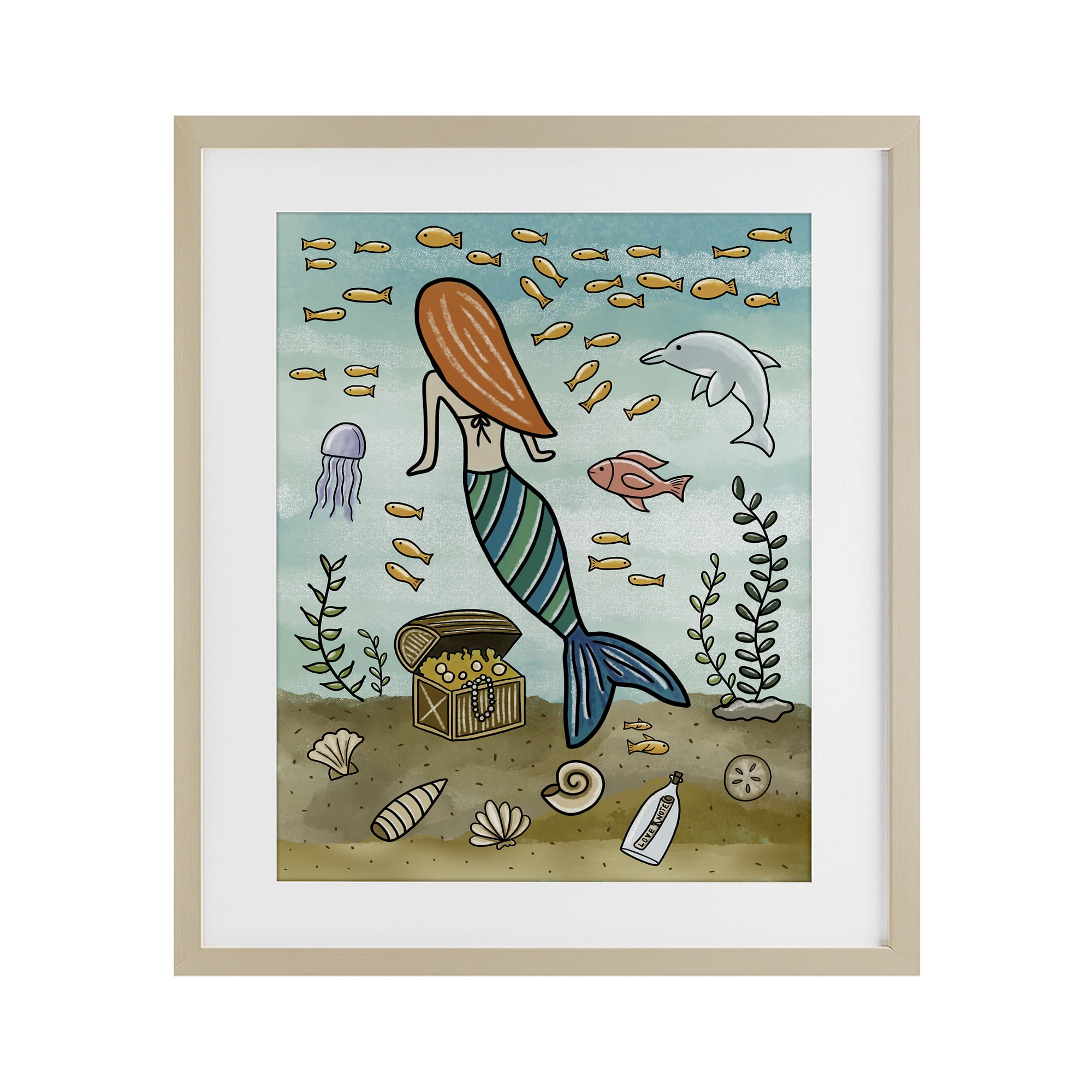 Mermaid Treasure Love Note Birch Framed Print Under Glass, design by Jennifer Stith