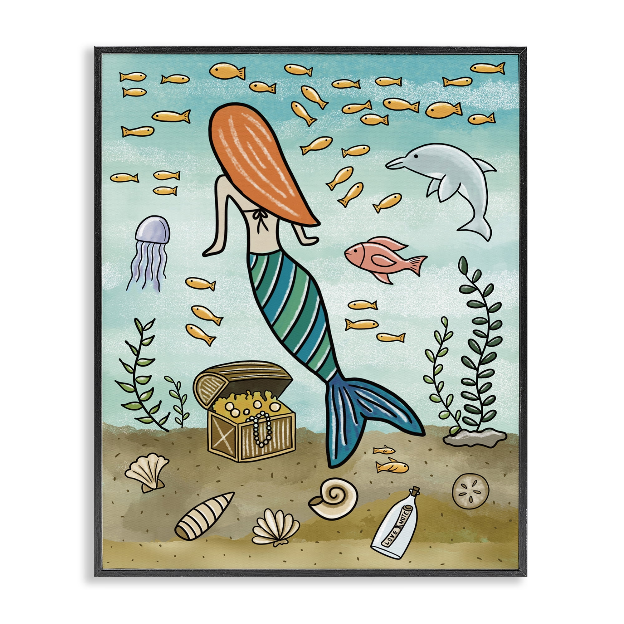 Mermaid Treasure Love Note Black Framed Giclee Art, design by Jennifer Stith