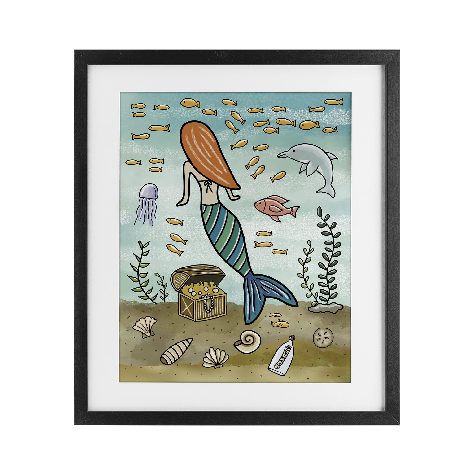 Mermaid Treasure Love Note Black Framed Print Under Glass, design by Jennifer Stith