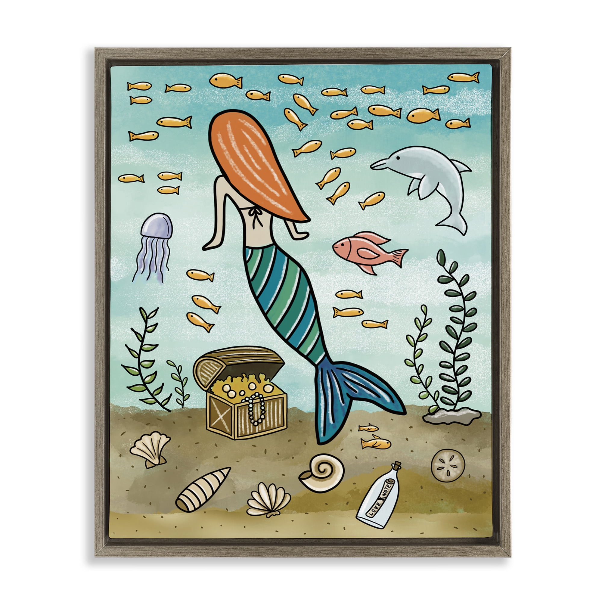Mermaid Treasure Love Note Brown Framed Floater Canvas Wall Art, design by Jennifer Stith