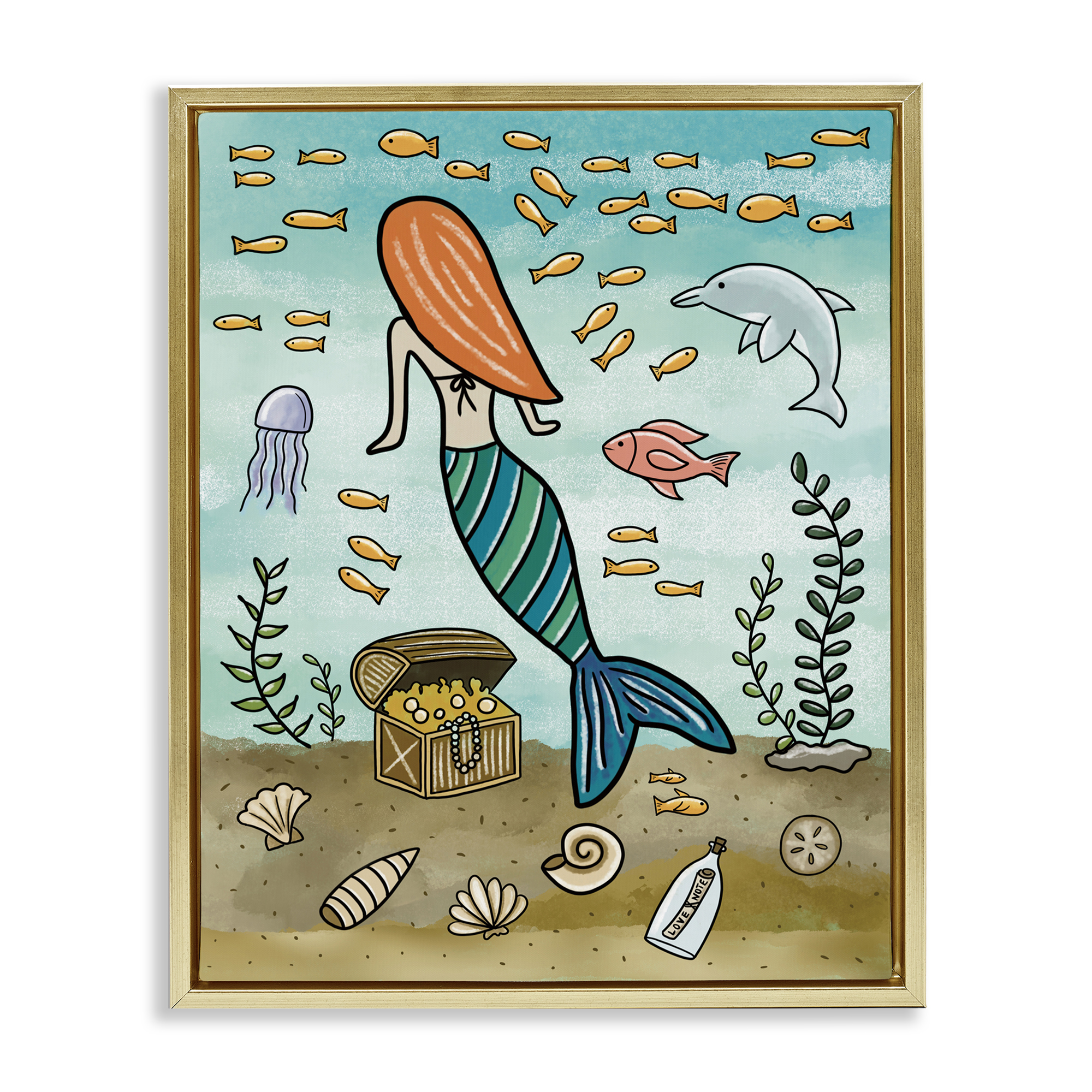 Mermaid Treasure Love Note Gold Framed Floater Canvas Wall Art, design by Jennifer Stith