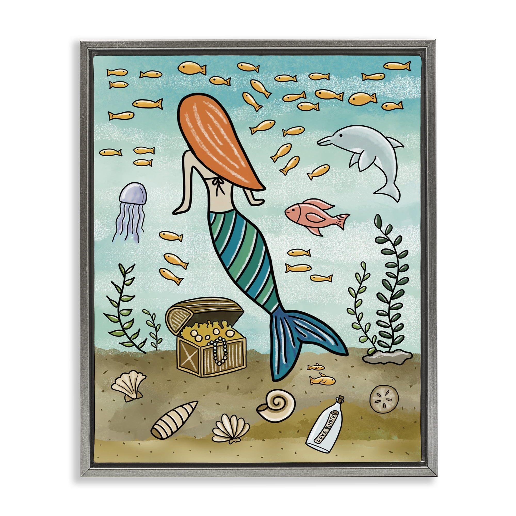 Mermaid Treasure Love Note Gray Framed Floater Canvas Wall Art, design by Jennifer Stith