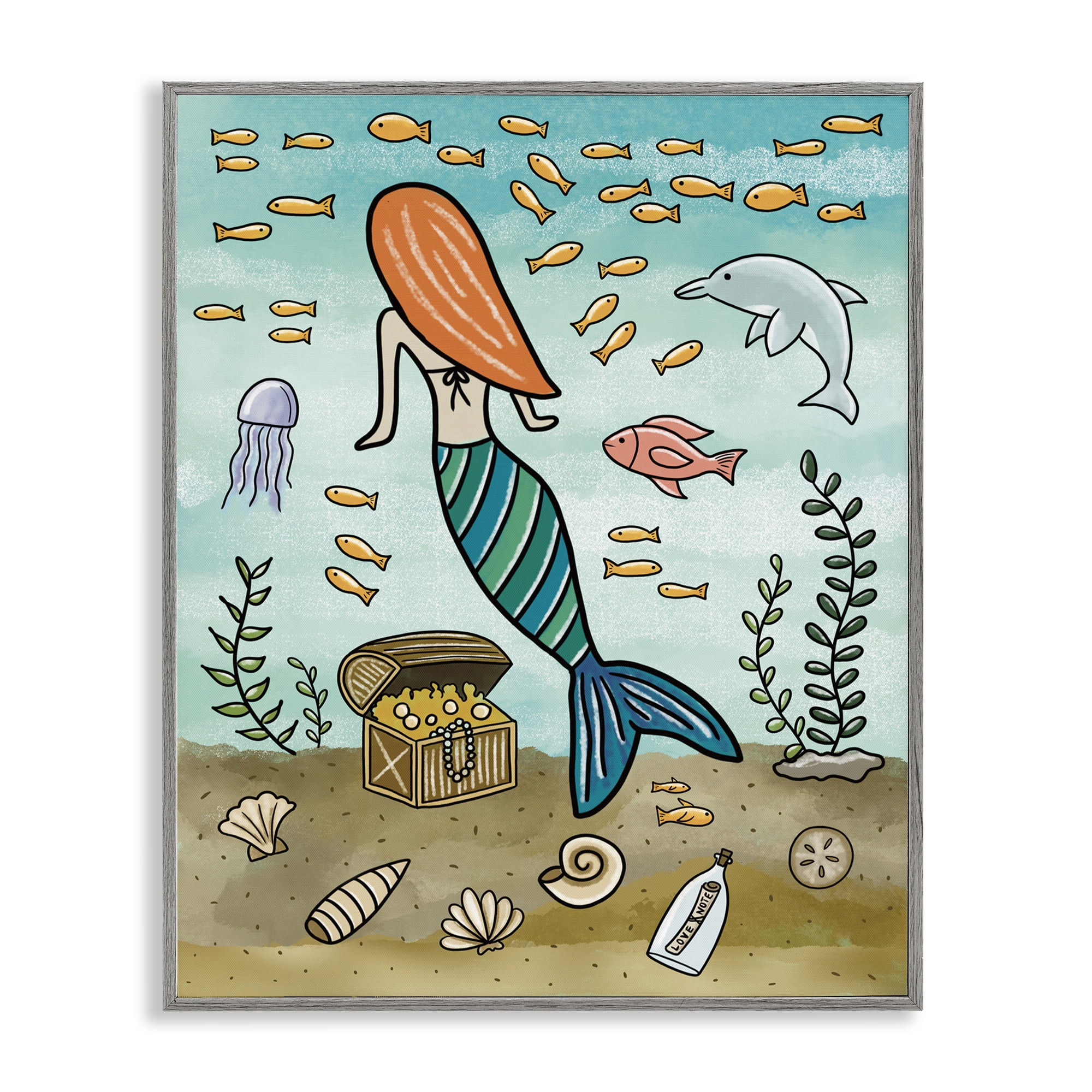 Mermaid Treasure Love Note Gray Framed Giclee Art, design by Jennifer Stith