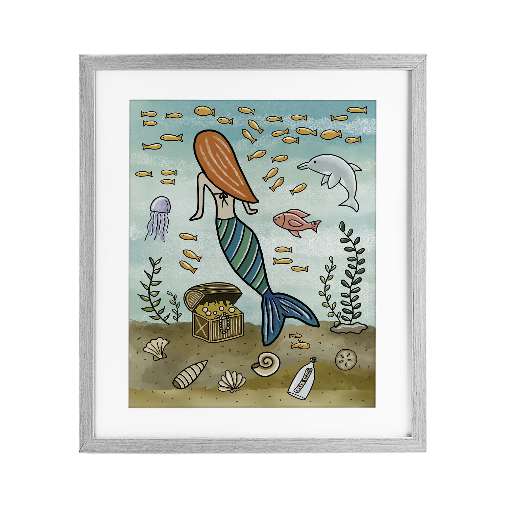 Mermaid Treasure Love Note Gray Framed Print Under Glass, design by Jennifer Stith