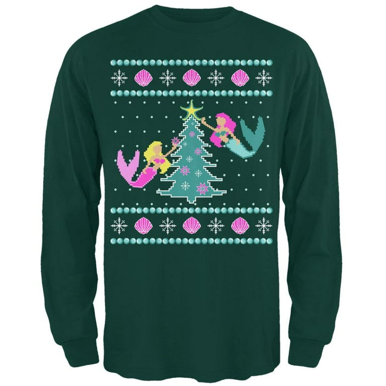 Mermaid Tree Ugly Christmas Sweater Mens Long Sleeve T Shirt Forest Green MD