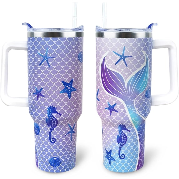 Mermaid Tumbler 40 oz Tumbler with Handle and Straw Lid Leak Proof - Mermaid Cup for Christmas Birthday Gifts for Women Girls - Stainless Steel Cup