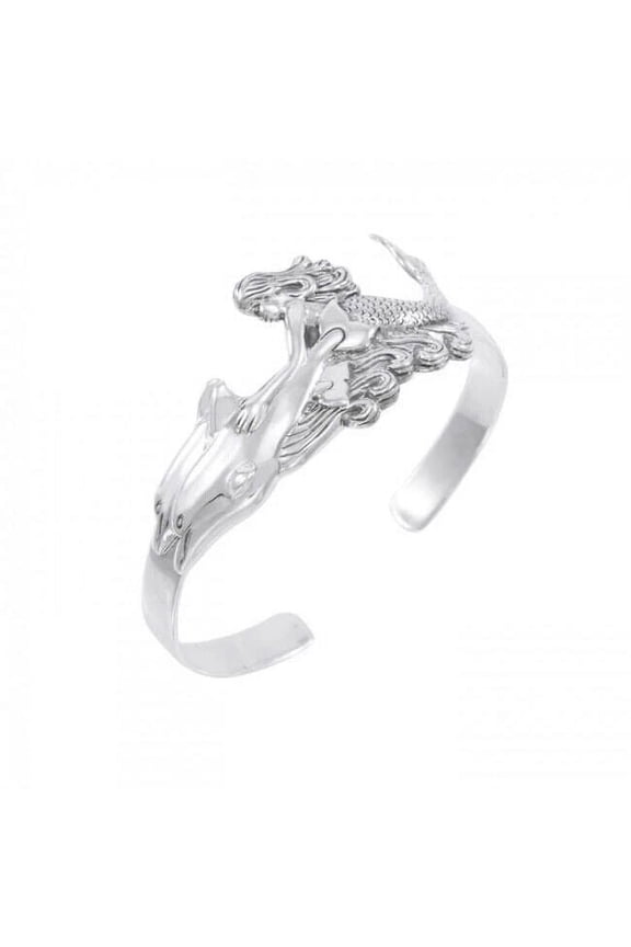 Mermaid Twin Dolphin 925 Sterling Silver Cuff Bangle Bracelet Fine Ocean Jewelry