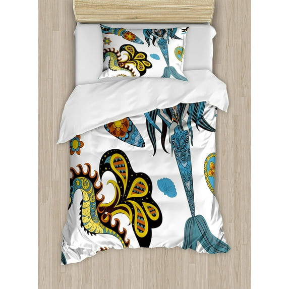 Mermaid Twin Size Duvet Cover Set, Artistic Oceanic Figures Sea Horse and Calmar Pattern Drawing Effect, Decorative 2 Piece Bedding Set with 1 Pillow Sham, Pale Blue Yellow Orange, by Ambesonne
