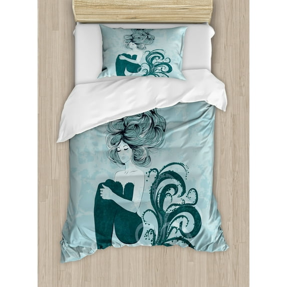 Mermaid Twin Size Duvet Cover Set, Sleeping Mermaid Design With Wavy Hair Hand Drawn Effect Grungy Backdrop, Decorative 2 Piece Bedding Set with 1 Pillow Sham, Pale Blue Dark Teal, by Ambesonne