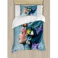 thumbnail image 1 of Mermaid Twin Size Duvet Cover Set, Woman with Underwater Themed Make Up Hairstyle Starfishes Seashells Fishes Bubbles, Decorative 2 Piece Bedding Set with 1 Pillow Sham, Multicolor, by Ambesonne, 1 of 3