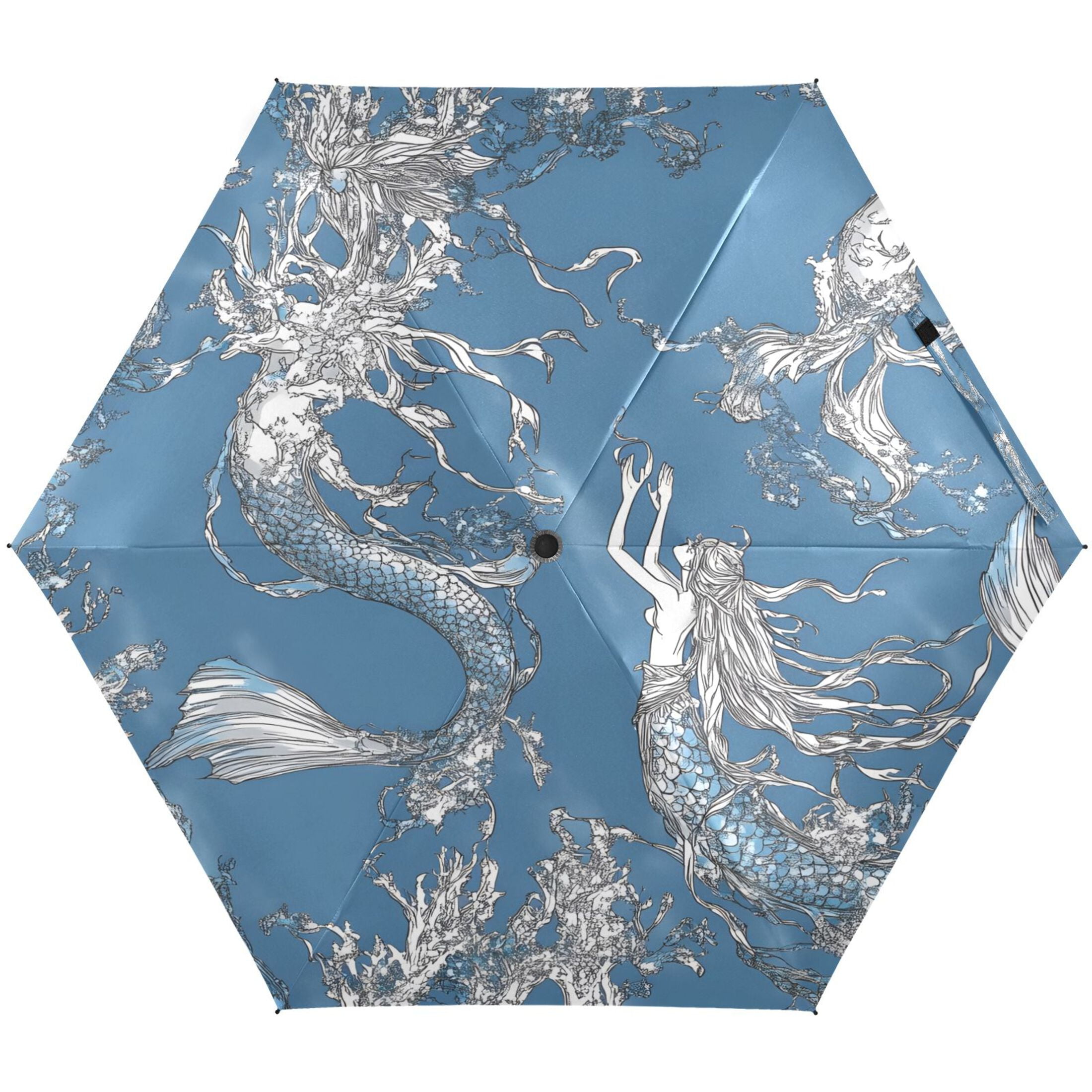 Mermaid Umbrellas for Sun Auto Open Close UV50+ Waterproof 5-Fold Compact Fiberglass Frame