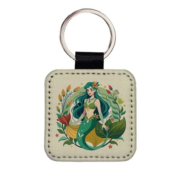 Mermaid Under Sea Botanical Art Nouveau Faux Leather Square Keychain