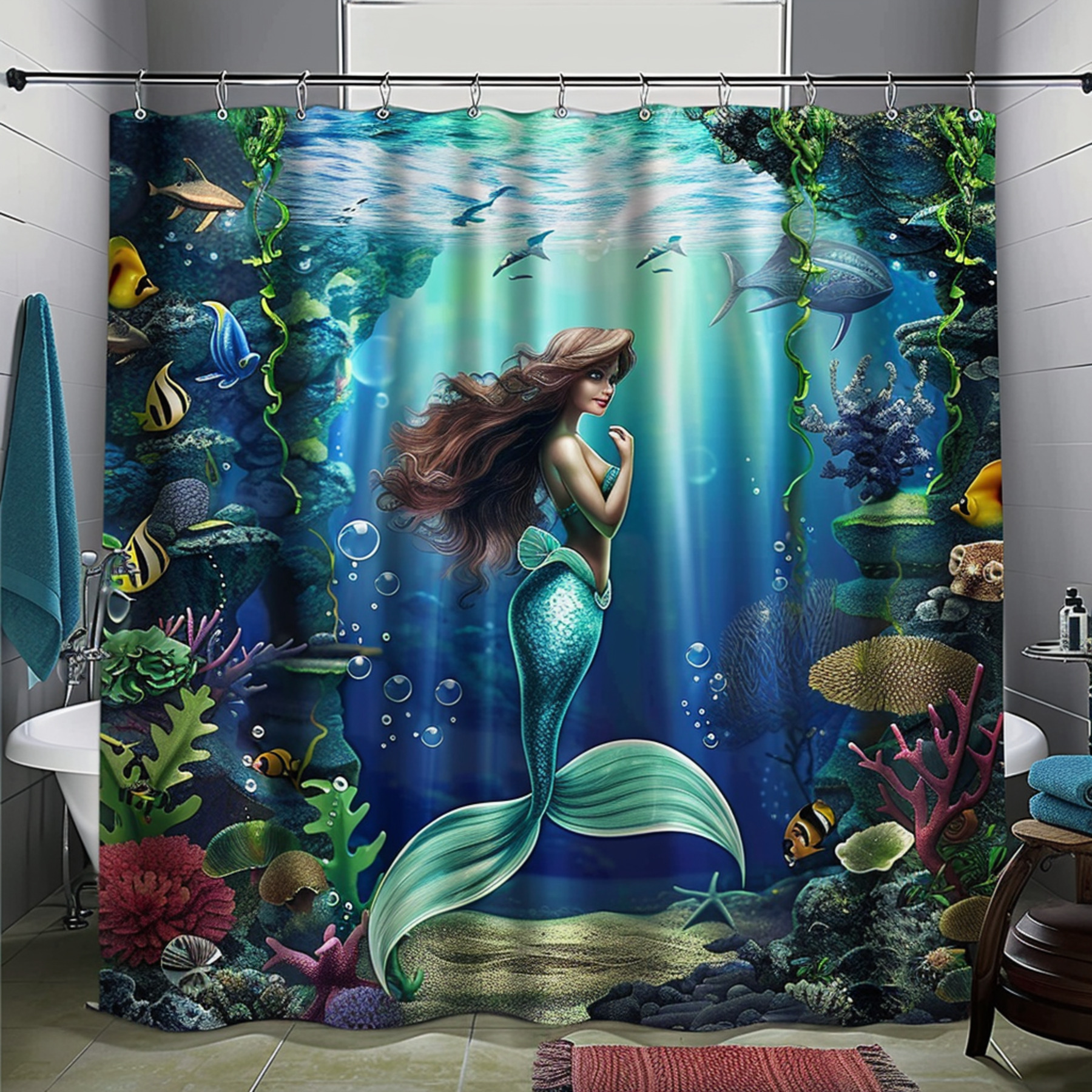 Mermaid Under the Sea Shower Curtain Ocean Theme Bathroom Decor Highly