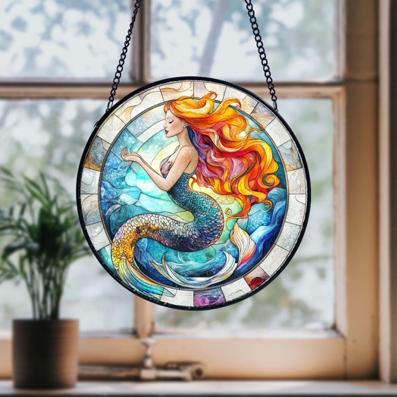 Mermaid Under the Sea Stained Glass Suncatcher, Ocean Lover Window ...