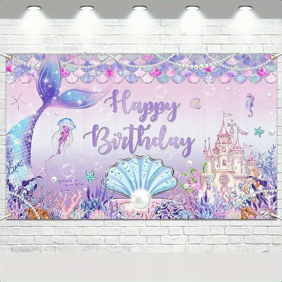 Mermaid Undersea for Girls Birthday Party Decoration Background Fabric Mermaid Birthday Background Wall Princess Castle Scales Studio Props 6X3.6 Feet