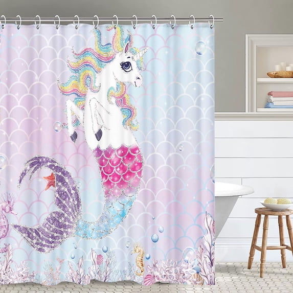 Mermaid Unicorn Shower Curtain, Pink Sea Ocean Mermaid Scales Shower Curtain for Girls Kids, Coral Pearl Seahorse Cute Cartoon Bathroom Curtains Decor Fabric Set with Hooks, 72X84IN