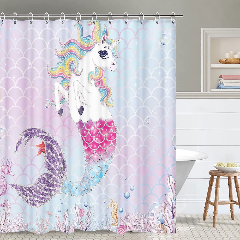 Mermaid Unicorn Shower Curtain, Pink Sea Ocean Mermaid Scales Shower ...