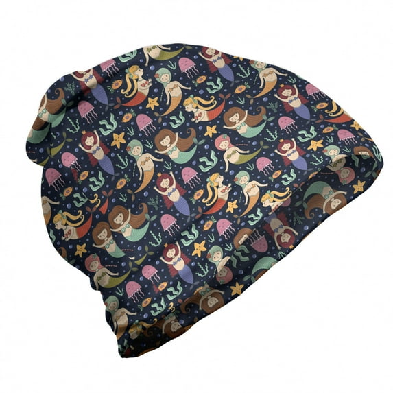 Mermaid Unisex Beanie, Girls with Colorful Tails, Hiking Outdoors, Multicolor, by Ambesonne