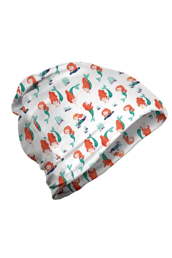 Mermaid Unisex Beanie, Sea Creature Girls Cartoon, Hiking Outdoors, Burnt Sienna Seafoam, by Ambesonne