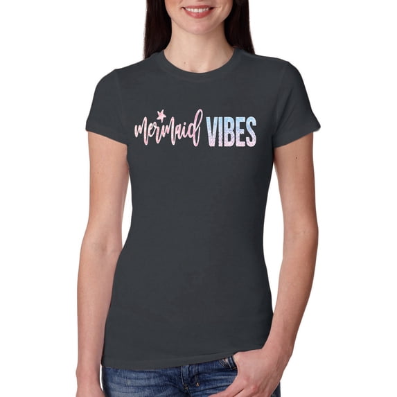Mermaid Vibes Cute Shimmer | Womens Fashion Slim Fit Junior Tee, Dark Grey, Medium