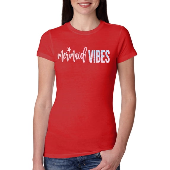 Mermaid Vibes Cute Shimmer | Womens Fashion Slim Fit Junior Tee, Red, Medium