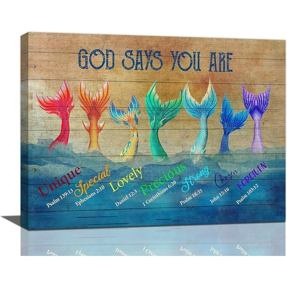 Mermaid Wall Art for Girls Kids Room Decor Mermaid Bathroom Pictures for Wall Rustic God Says Inspirational Canvas Painting Country Christian Framed Artwork for Bathroom Bedroom 12"x16"