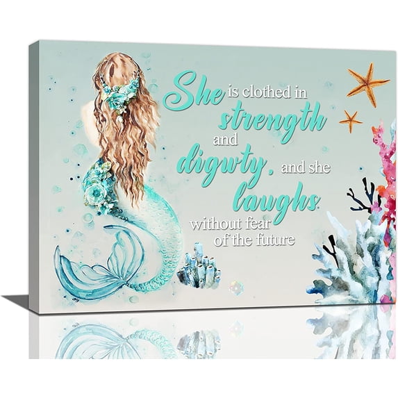 Mermaid Wall Art Motivational Mermaid Canvas Prints Painting Ocean Theme Little Sea Life Pictures Framed Artwork Home Decor for Bathroom Dining Living Room 16"x12"
