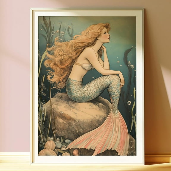 Mermaid Wall Art Print - Vintage-Inspired Ocean Decor - Whimsical Coastal Poster - Mystical Sea Goddess - Boho Chic Gift Wall Art Decor For Home Office, 8x12 UNFRAMED