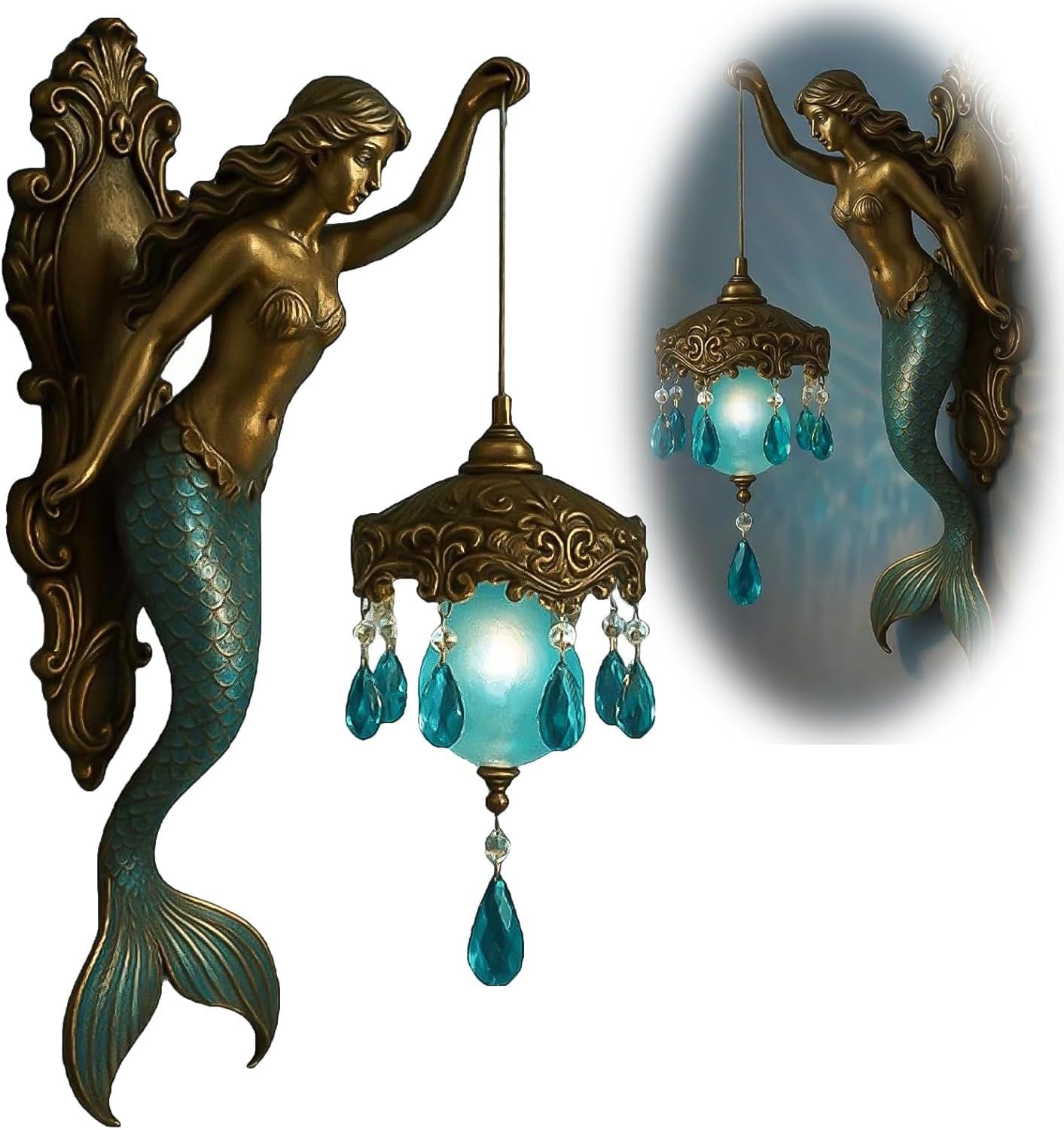 Mermaid Wall Lamp, 8/12 Inch Vintage Base Design Night Light, Vintage Ocean-Themed Night Light, Vintage Style Bedroom Hotel Restaurant Decorative Wall, for Bedroom, Living Room, Bathroom