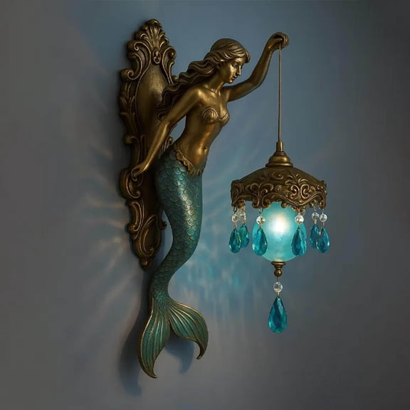Mermaid Wall Lamp, Antique Bronze Mermaid Wall Sconce with Lantern, Vintage Ocean-Themed Night Light, 12 Inch Frosted Crystal Lantern, Mermaid Wall Lights for Bedrooms, Living Room, Bathroom