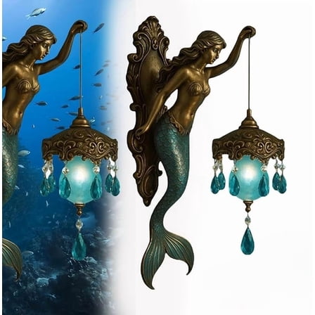 Mermaid Wall Lamp, Vintage Ocean-Themed Night Light, 8 Inch Frosted Crystal Lantern, Retro Mermaid Wall Sconce for Bedroom, Living Room, Bathroom, Coastal & Fantasy Décor (8IN)