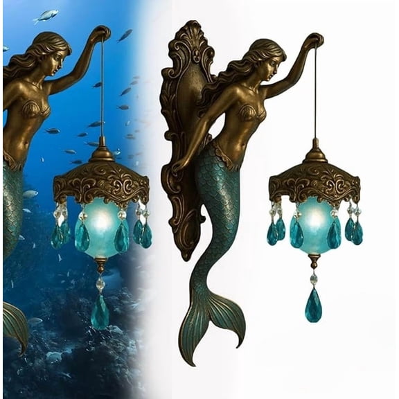 Mermaid Wall Lamp, Vintage Ocean-Themed Night Light, 8 Inch Frosted Crystal Lantern, Retro Mermaid Wall Sconce for Bedroom, Living Room, Bathroom, Coastal & Fantasy Décor (8IN)