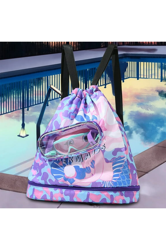 Mermaid Waterproof Beach Gym Backpack Mermaid Drawstring Swim Bag for Women Men Draw String Bags for Swimmers Dance Yoga Camp Dry Wet Separated Swimming Bag With Shoe Compartment