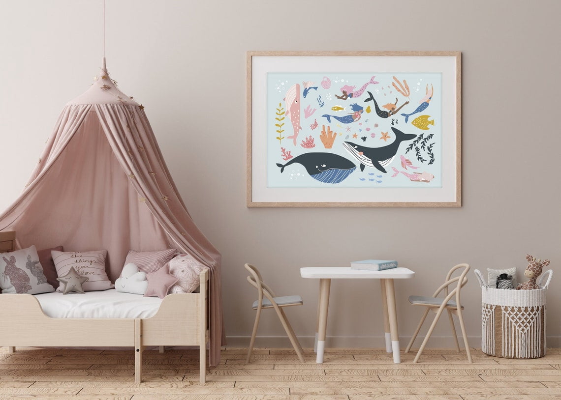 Printable Sign Photo Mermaid Whale Nautical Sea Life Girls Nursery Wall Art Poster Print ...