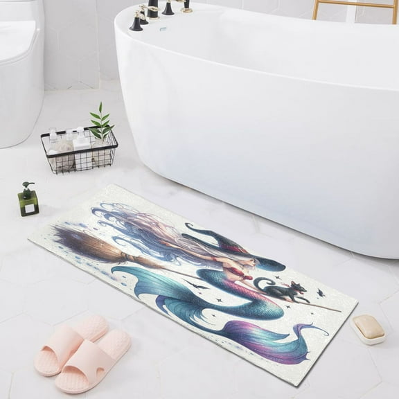Mermaid Witch Flying on Broom Bath Mat 39x20 Non-Slip Bathroom Rugs Absorbent Soft Plush Quick Dry for Tub Shower Kitchen Home Decor
