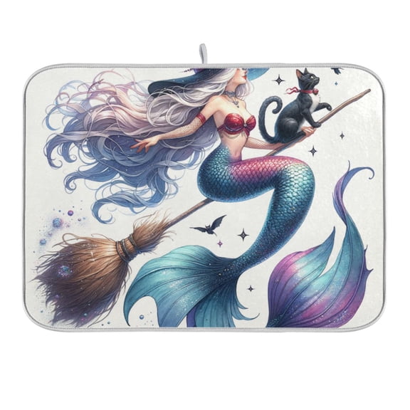 Mermaid Witch Flying on Broom Dish Drying Mat 16x18 Absorbent Microfiber Draining Rack Pad for Kitchen Counter Sink
