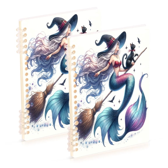 Mermaid Witch Flying on Broom Notebooks 2 Pcs 1-subject Journal 60 Sheets A5 College Ruled Paper Detachable Ring 8.3"x5.7"