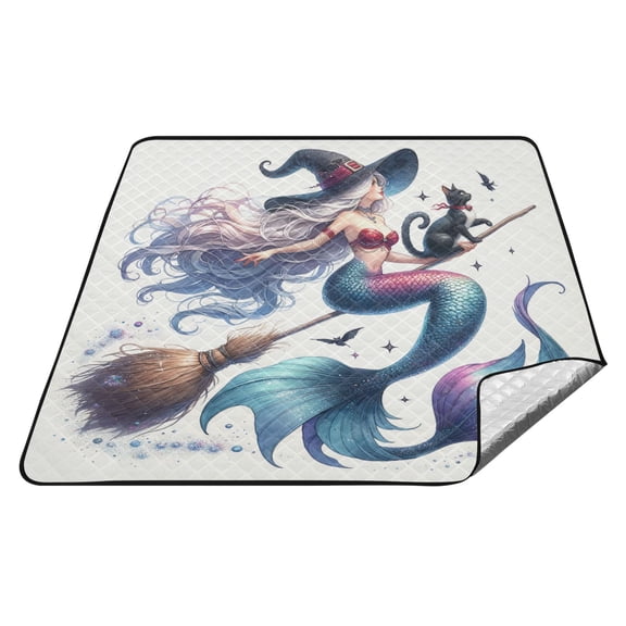 Mermaid Witch Flying on Broom Picnic Blankets Extra Large 78"x78" Beach Blanket Waterproof Sandproof Outdoor Mat for Camping Travel Park