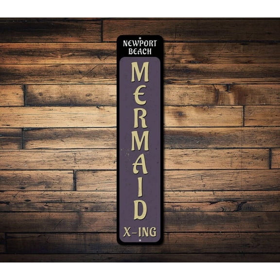 Mermaid X-ing Vertical Sign Custom Beach Name Fish Crossing Sign Ocean Lover Gift Metal Beach House Decor - Decorations - Size: 16 x 4 Inches
