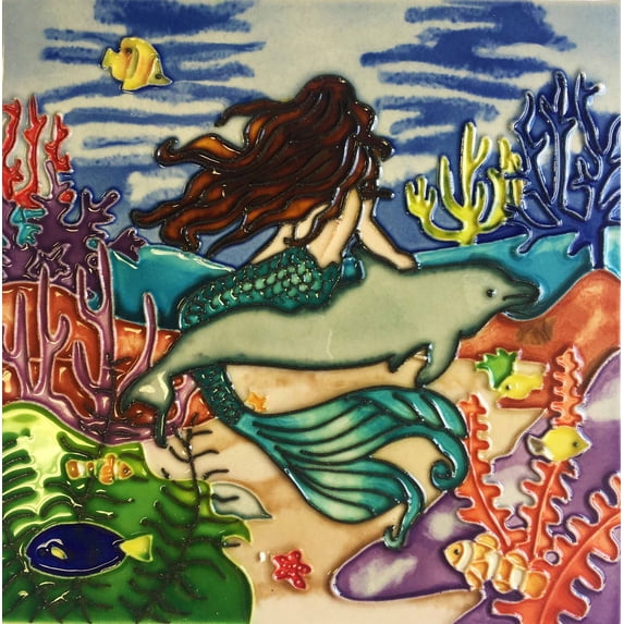 Mermaid and Dolphin Under the Sea Ceramic Tile 8 Inches