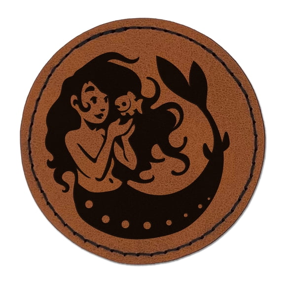 Mermaid and Fish Friend 2.5" Faux Leather Round Engraved Iron-On Patch - Brown