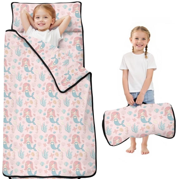 Mermaid and Seahorse Pink Pattern Toddler Nap Mat with Pillow & Blanket, Soft Sleeping Mat for Preschool Daycare Travel Sleepovers