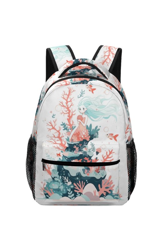 Mermaid in Coral Reef Oxford Cloth Backpack Double Zipper Hidden Pocket Commute