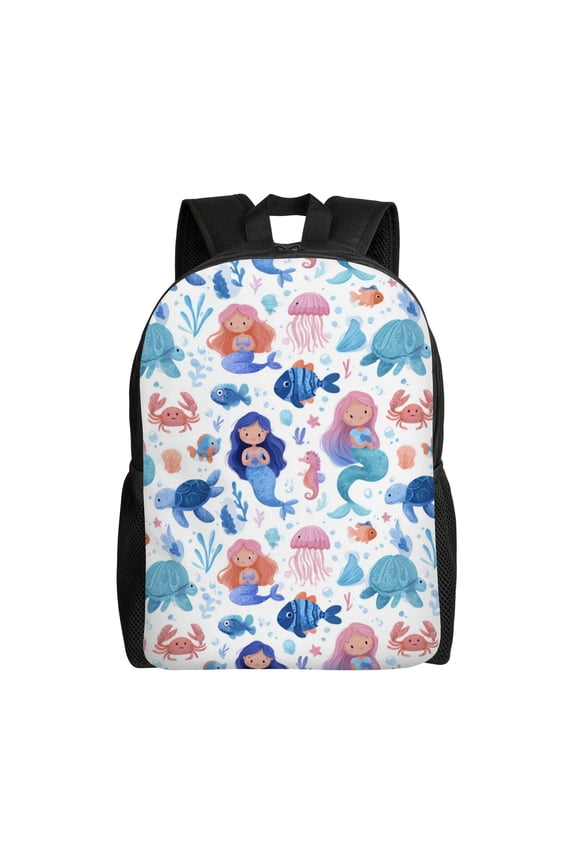 Mermaid and sea creatures pattern Backpack with 15 Inch Laptop Compartment,Water-Resistant Daypack, Large Capacity Backpack with Adjustable Breathable Shoulder Straps for Daily Use Travel Gym