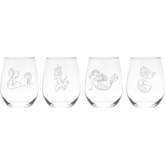 C&M Personal Gifts - Mermaid Stemless Wine Glass Set of 4 - 17 oz.