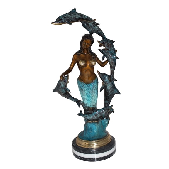 Nifao Mermaid w 7 Dolphins Bronze Statue  Home Decor Sculpture, 12"L x 12"W x 29"H