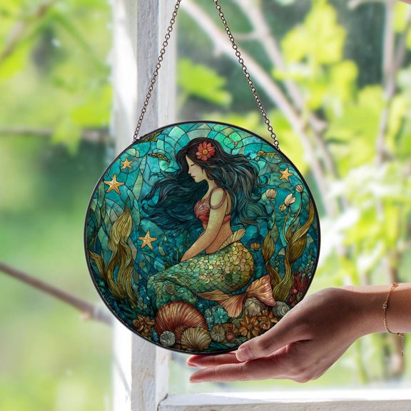 Mermaid with Seashells Glass Suncatcher, Ocean Fantasy Window Art, Nautical Beach Decor, 6.3 in