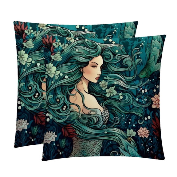 Mermaid with Unique Patterns Covers - Set of 2 Throw Pillows for Home Decor - Available in 16x16, 18x18, 20x20 Inches for Various Occasions