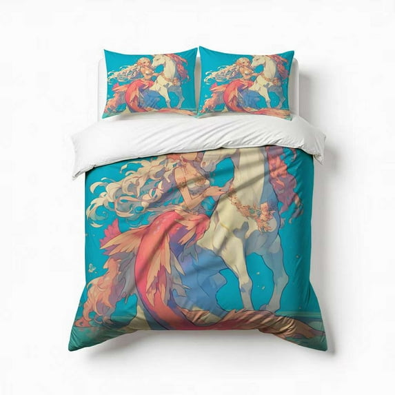 Mermaids And Unicorns Bedding Set 3 Pcs Soft Microfiber Quilt Cover For Bedroom Decor, Comforter Cover With 2 Pillowcase